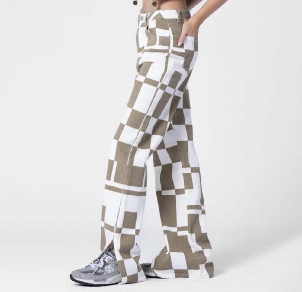 Beige Botany Checkerboard Denim Pants Sz S Wide Leg High Waisted Y2K Revival